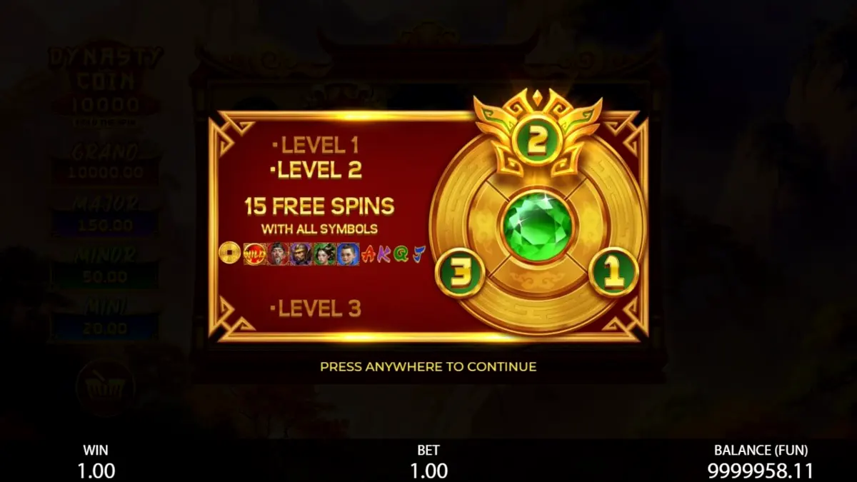 Tampilan visual slot Dynasty Coin 10,000: Hold the Spin dengan tema Oriental.